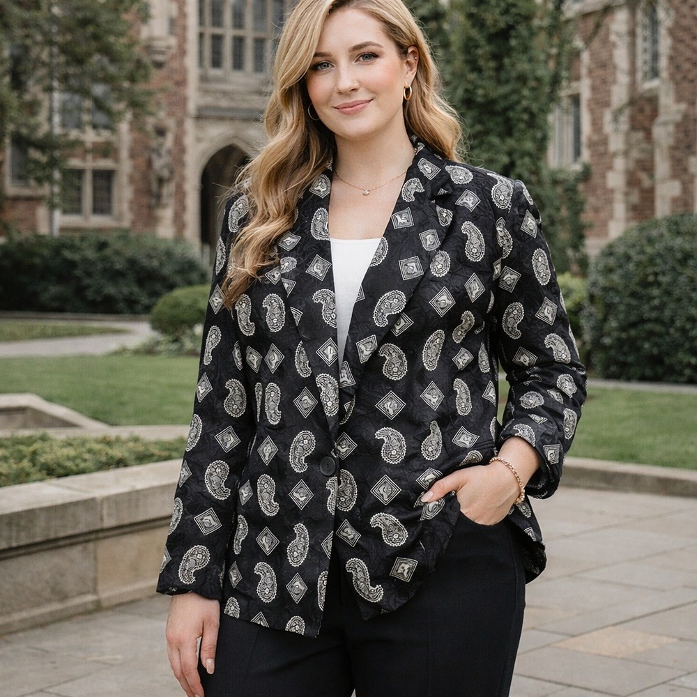Vintage Chelsea Ltd Paisley Jacquard Blazer Jacket Black Made In USA Womens 12 - Picture 1 of 10